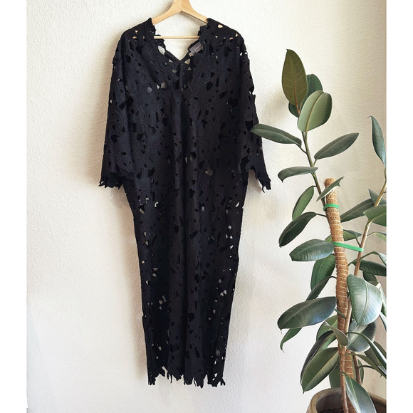Anthropologie Floral Eyelet Kaftan Dress OS Sheer Bell Sleeve Beachy Resort Boho - Picture 1 of 10